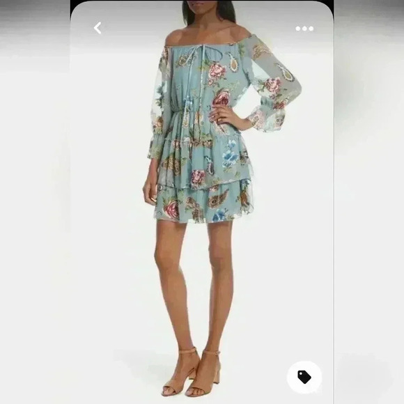 Alice & Olivia Waylon Off The Shoulder Blouson Mini Dress Boho Multi Floral - Picture 6 of 14